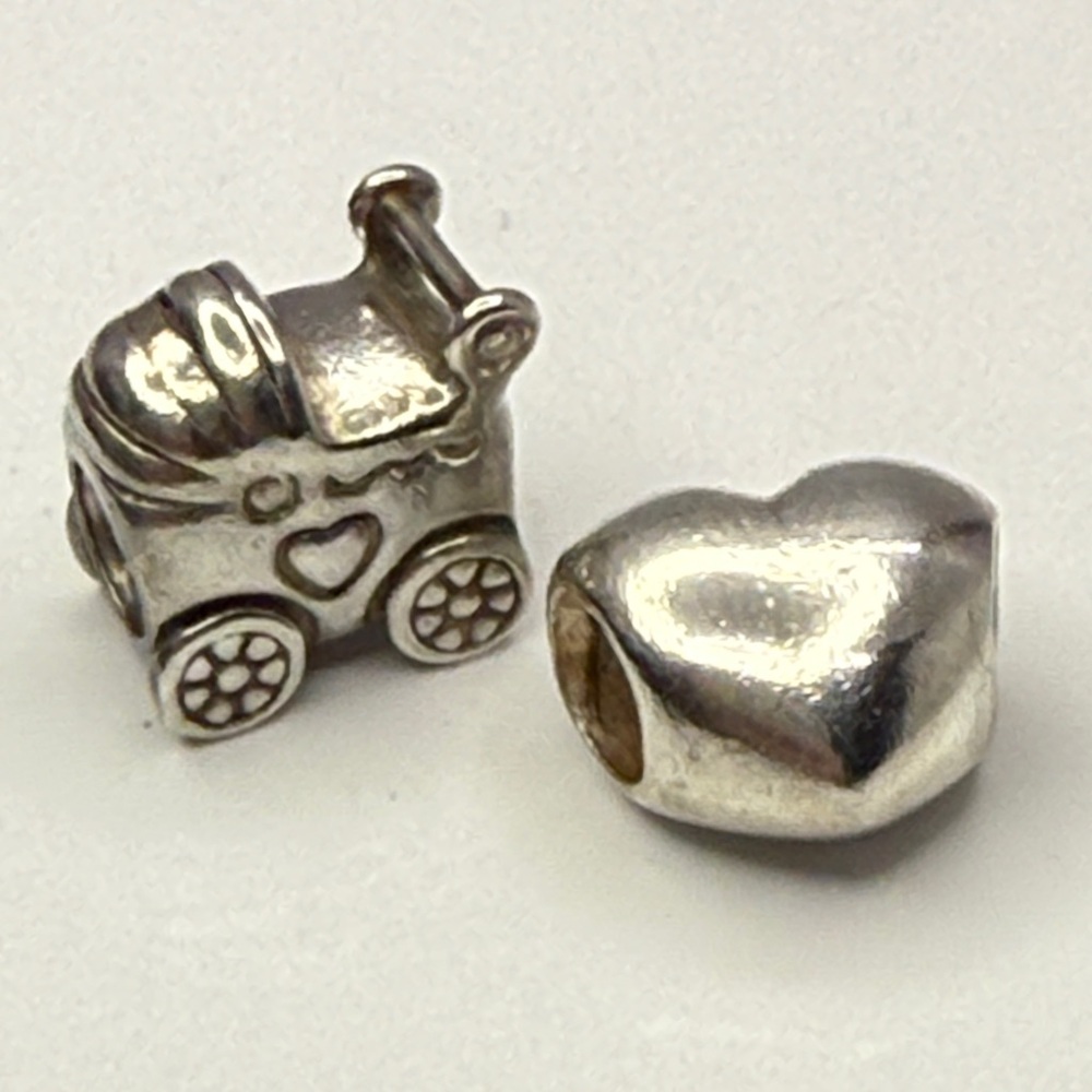 Retired Pandora Baby Carriage & Smooth Heart Charm Set ALE 925 Sterling Silver